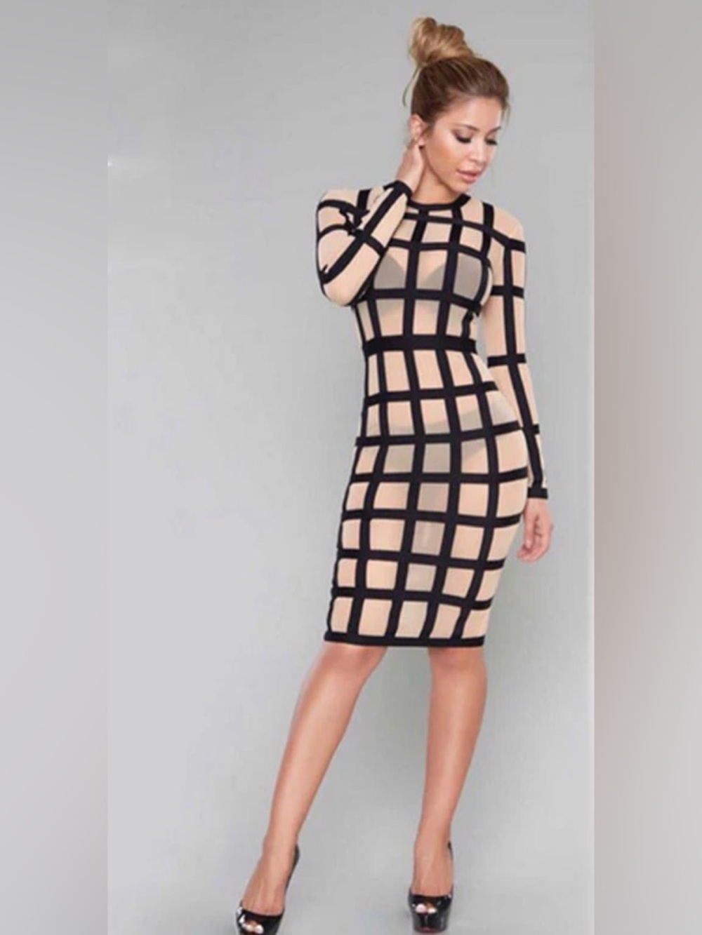 Femme Sheer Beige Grid-Print Long Sleeve Bodycon Dress